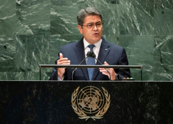 Honduran then-president Juan Orlando Hernandez Alvarado addresses the 76th session UN General Assembly on September 22, 2021, in New York. ©AFP