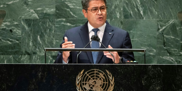 Honduran then-president Juan Orlando Hernandez Alvarado addresses the 76th session UN General Assembly on September 22, 2021, in New York. ©AFP