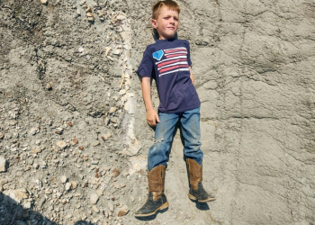 Young Liam Fisher lay down next to the fossilized leg bone of a dinosaur he discovered in the Badlands of North Dakota in 2022, and his family sent the photograph to a paleontologist friend, who confirmed it to be of a juvenile Tyrannosaurus rex. ©AFP