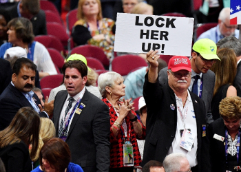 Former US president Donald Trump claimed he didn't say lock her up, the popular chant among his supporters (such as this one pictured at the 2016 Republican National Convention) about election rival Hillary Clinton / ©AFP