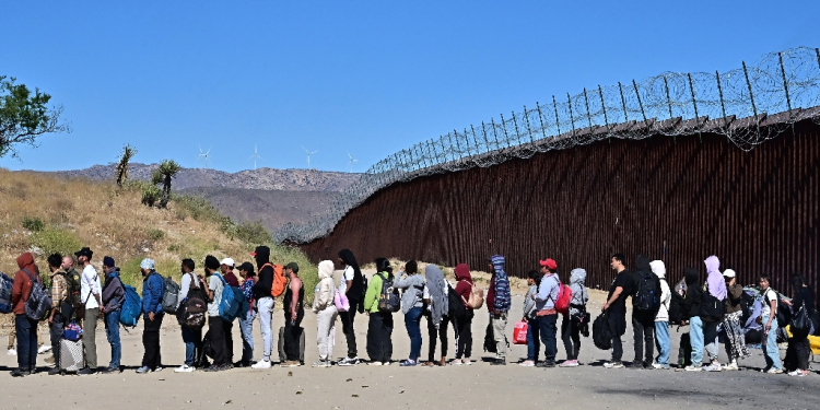 Migrants wait in line hoping for processing from Customs and Border Patrol agents at Jacumba Hot Springs, California on June 5, 2024 / ©AFP