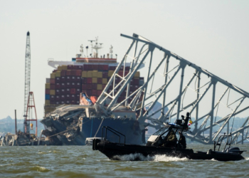 The Dali container ship struck a support column of the Francis Scott Key Bridge in Baltimore, causing its total collapse in March 2024. ©AFP