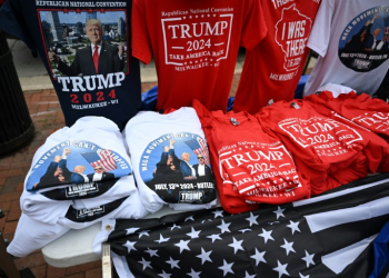 Merchandise supporting former US President and Republican presidential candidate Donald Trump on display during the second day of the 2024 Republican National Convention. ©AFP