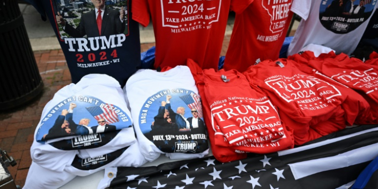 Merchandise supporting former US President and Republican presidential candidate Donald Trump on display during the second day of the 2024 Republican National Convention. ©AFP