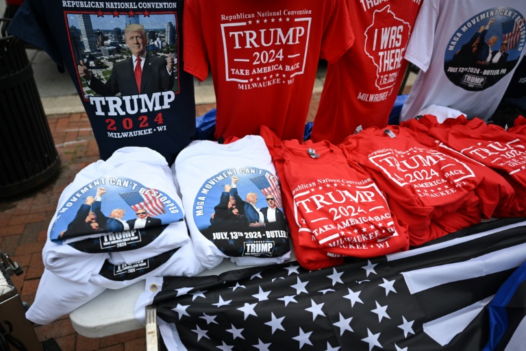 Merchandise supporting former US President and Republican presidential candidate Donald Trump on display during the second day of the 2024 Republican National Convention. ©AFP