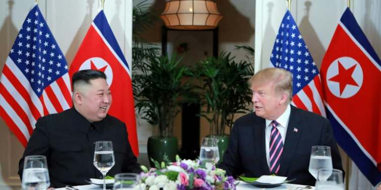 North Korean leader Kim Jong Un and then US President Donald Trump during their summit in Hanoi, Vietnam. ©AFP