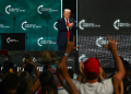US presidential candidate Donald Trump onstage after speaking at Turning Point Action's 'The Believers Summit' in West Palm Beach, Florida, on July 26, 2024 / ©AFP