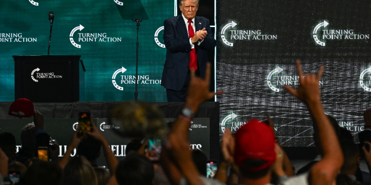 US presidential candidate Donald Trump onstage after speaking at Turning Point Action's 'The Believers Summit' in West Palm Beach, Florida, on July 26, 2024 / ©AFP