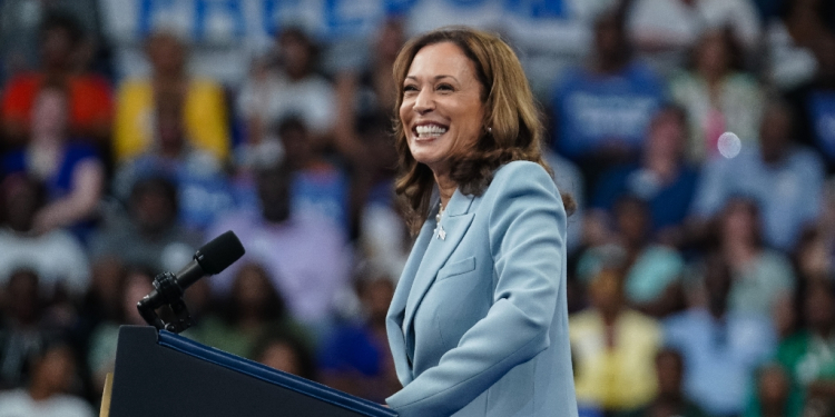 US Vice President Kamala Harris, the presumptive Democratic presidential nominee, told a large crowd in Atlanta, Georgia  that 'the baton is in our hands' / ©AFP