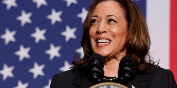 Vice President Kamala Harris speaks during a political event at the Air Zoo Aerospace & Science Experience in Portage, Michigan, on July 17, 2024.. ©AFP