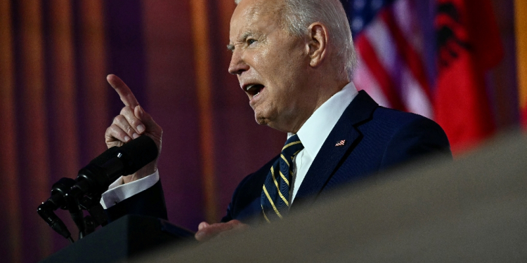 US President Joe Biden speaks during the NATO 75th Anniversary Celebratory Event at the Mellon Auditorium in Washington, DC, on July 9, 2024. / ©AFP