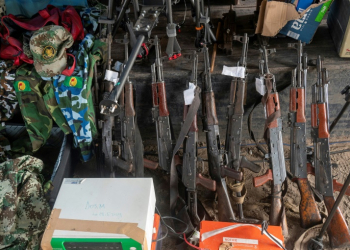 Weapons and uniforms allegedly used in the coup attempt were displayed at a trial hearing in June. ©AFP