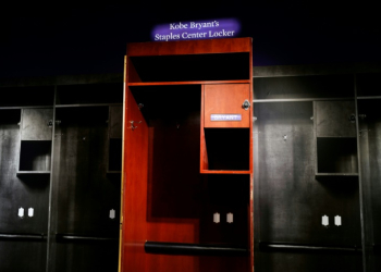 The locker used by US basketball player, Kobe Bryant, at the Staples Center is displayed at Sotheby's auction house in New York City on July 26, 2024. The auction started on July 22 and will run through August 2, 2024. . ©AFP