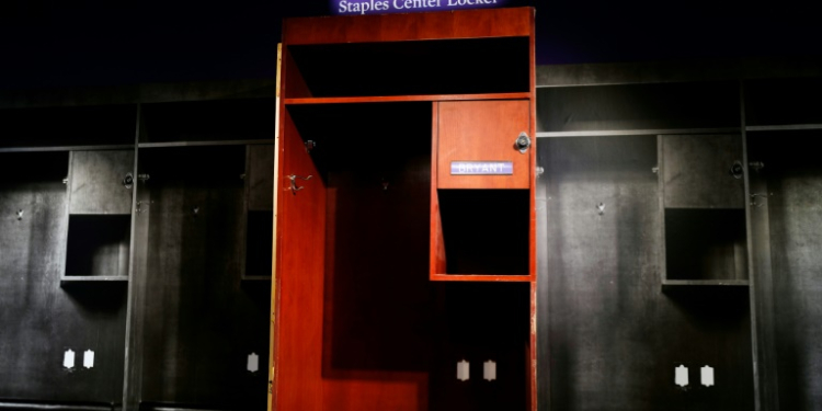 The locker used by US basketball player, Kobe Bryant, at the Staples Center is displayed at Sotheby's auction house in New York City on July 26, 2024. The auction started on July 22 and will run through August 2, 2024. . ©AFP