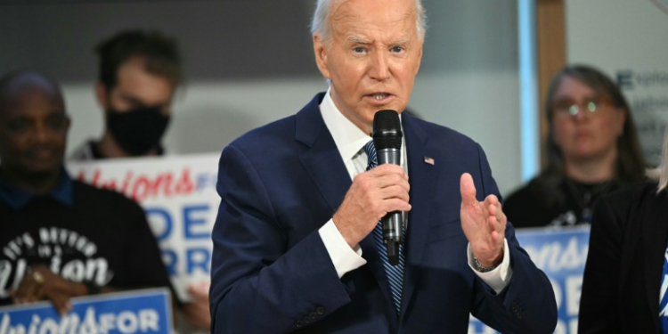 US President Joe Biden speaks as he meets with national union leaders at the American Federation of Labor and Congress of Industrial Organizations (AFL-CIO)  headquarters in Washington, DC, on July 10, 2024.. ©AFP