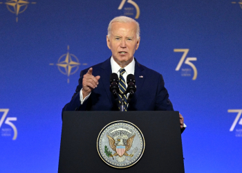 US President Joe Biden speaks during the NATO 75th Anniversary Celebratory Event at the Mellon Auditorium in Washington, DC, on July 9, 2024. / ©AFP