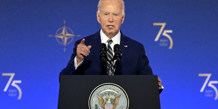 US President Joe Biden speaks during the NATO 75th Anniversary Celebratory Event at the Mellon Auditorium in Washington, DC, on July 9, 2024. / ©AFP