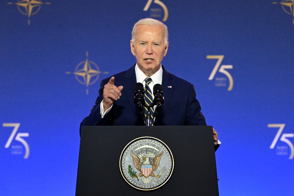 US President Joe Biden speaks during the NATO 75th Anniversary Celebratory Event at the Mellon Auditorium in Washington, DC, on July 9, 2024. / ©AFP