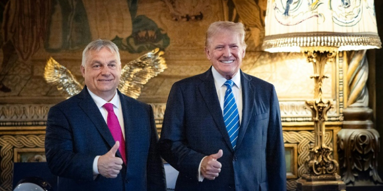 Hungary's Prime Minister Viktor Orban (L) poses with former US president Donald Trump at Trump's estate. ©AFP