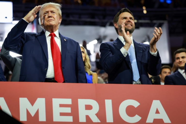 Republican presidential candidate Donald Trump (L) and his running mate J.D. Vance on the first day of the Republican National Convention in Milwaukee. ©AFP