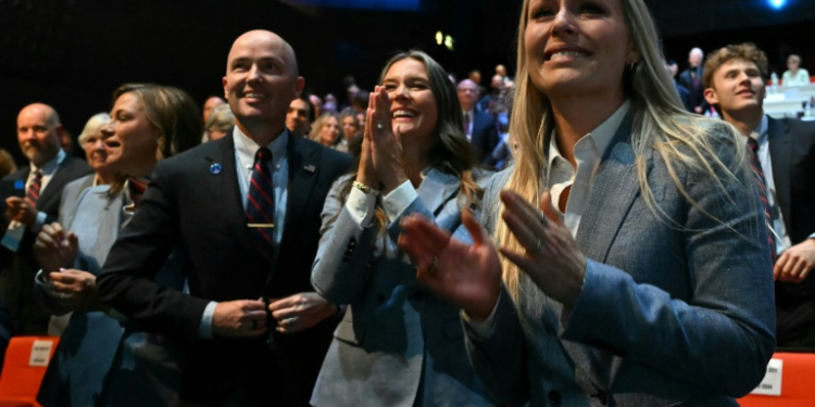 The Salt Lake City delegation including former skier Lindsey Vonn celebrate being awarded the 2034 Winter Olympics. ©AFP