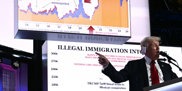 Republican presidential candidate Donald Trump, a frequent harsh critic of illegal immigration, addresses the Republican National Convention in Milwaukee, Wisconsin on July 18, 2024 / ©AFP