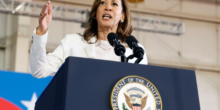 US Vice President and Democratic presidential candidate Kamala Harris speaks during a campaign rally in Romulus, Michigan, August 7, 2024 / ©AFP