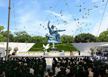 Pigeons are released during a peace prayer ceremony at the Peace Park in Nagasaki on August 9, 2024, during ceremonies to mark the 79th anniversary of the atomic bombing of the city / ©AFP