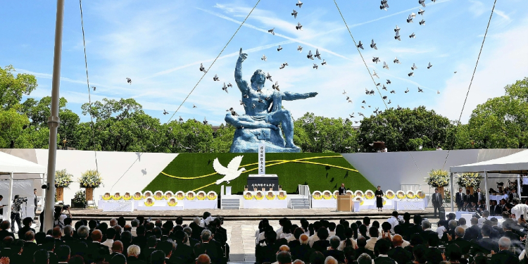 Pigeons are released during a peace prayer ceremony at the Peace Park in Nagasaki on August 9, 2024, during ceremonies to mark the 79th anniversary of the atomic bombing of the city / ©AFP