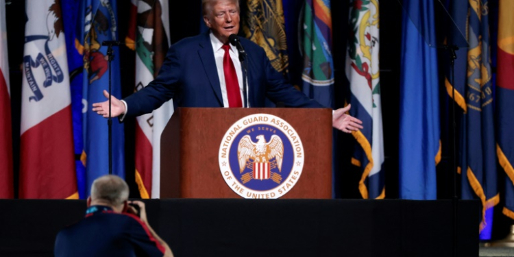 Former US President and Republican presidential candidate Donald Trump gives remarks at the National Guard Association of the United States' 146th General Conference & Exhibition Michigan in Detroit, Michigan, on August 26, 2024. ©AFP