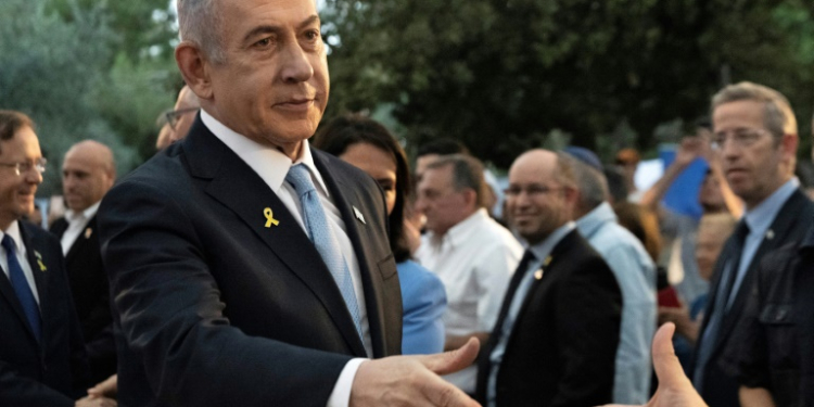 Israeli Prime Minister Benjamin Netanyahu speaks at the state memorial for Zionist leader Zeev Jabotinsky at Mount Herzl Military Cemetery in Jerusalem, on August 4, 2024. ©AFP