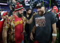 Travis Kelce celebrates the Kansas City Chiefs' win alongside his brother Jason Kelce in the AFC Championship Game in January 2024 in Baltimore, Maryland. ©AFP