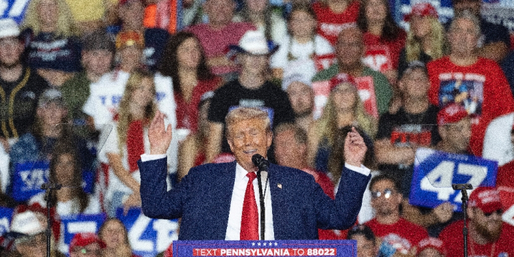 Republican presidential candidate Donald Trump went off-script at a rally in Wilkes-Barre, Pennsylvania, mocking White House rival Kamala Harris's laugh and calling her a communist and a lunatic  / ©AFP