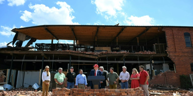 Republican presidential candidate Donald Trump holds a press conference in the aftermath of powerful storm Helene at Chez What furniture store in Valdosta, Georgia, September 30, 2024. ©AFP