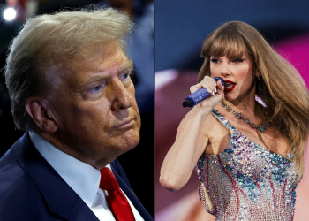 (COMBO) This combination of pictures created on September 15, 2024 shows US Republican presidential nominee Donald Trump speaking to reporters in the spin room after debating Kamala Harris, at Pennsylvania Convention Center on September 10, 2024 in Philadelphia, Pennsylvania.  US singer and songwriter Taylor Swift performs on stage as part of her Eras Tour in Lisbon on May 24, 2024. / ©AFP