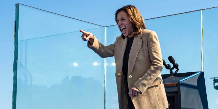 US Vice President and Democratic presidential candidate Kamala Harris gestures as she arrives to speak at a campaign event in New Hampshire / ©AFP