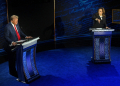 US vice president and Democratic presidential candidate Kamala Harris gives a thumbs down as former US president and Republican presidential candidate Donald Trump gestures during their debate in Philadelphia / ©AFP