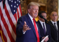 US former president and Republican presidential candidate Donald Trump speaks at Trump Tower in New York City / ©AFP