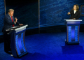 US Vice President and Democratic presidential candidate Kamala Harris (R) and former US President and Republican presidential candidate Donald Trump speak during a presidential debate in Philadelphia, Pennsylvania, on September 10, 2024 . ©AFP