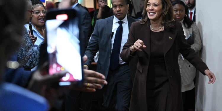 US Vice President Kamala Harris addressed a predominantly Black church in Philadelphia as part of her campaign's Souls to the Polls push, in Philadelphia, Pennsylvania / ©AFP