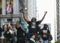 A convoy of floats and open-top buses processed up Manhattan's 'Canyon of Heroes' to City Hall with star player, MVP Jonquel Jones leading proceedings . ©AFP