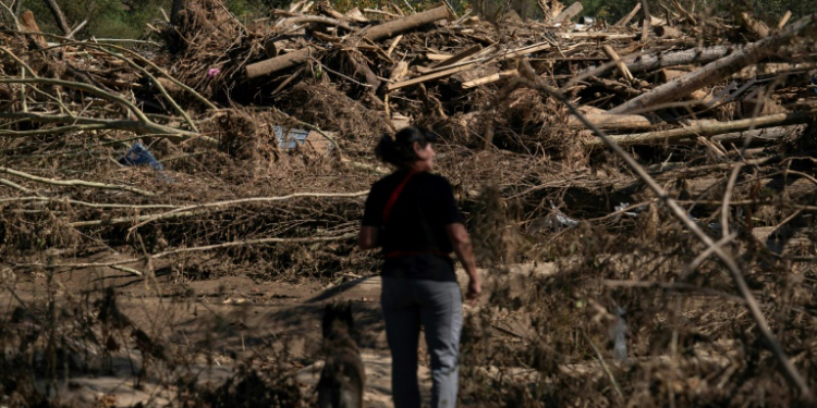 Cheryl Phillips and her cadaver dog Kite search for bodies in the aftermath of Hurricane Helene in Burnsville, North Carolina, on October 5, 2024. ©AFP