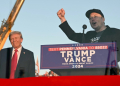 Tesla CEO Elon Musk (R) speaks on stage as he joins former US President and Republican presidential candidate Donald Trump during a campaign rally . ©AFP