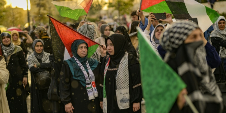 Protesters wave Palestian flags during a rally at the Uskudar Square in Istanbul, Turkey. ©AFP