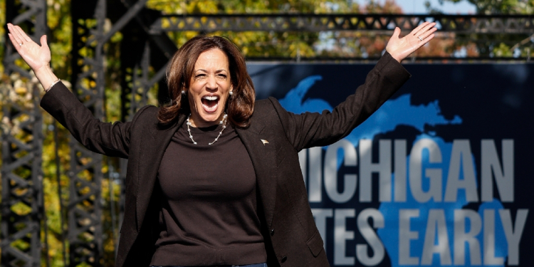 Kamala Harris arrives onstage for a campaign rally in Grand Rapids, Michigan / ©AFP