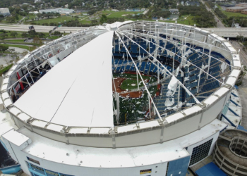 A drone image shows the dome of Tropicana Field,  torn open by Hurricane Milton in St. Petersburg, Florida, on October 10, 2024. ©AFP