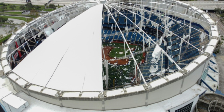 A drone image shows the dome of Tropicana Field,  torn open by Hurricane Milton in St. Petersburg, Florida, on October 10, 2024. ©AFP