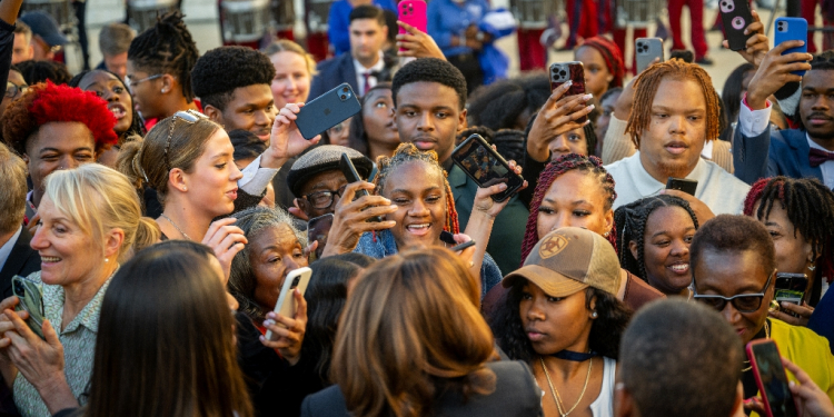 Vice President Kamala Harris greets supporters at a rally at HBCU South Carolina State University in February 2024 / ©AFP