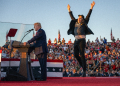 Tesla CEO Elon Musk jumps on stage as he joins former US president and Republican presidential candidate Donald Trump during a campaign rally  / ©AFP