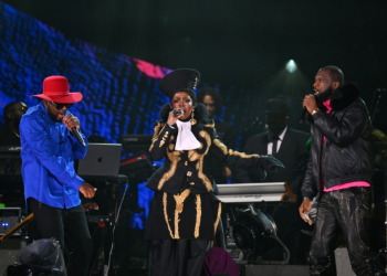 Wyclef Jean (L), Lauryn Hill (C) and Pras Michel (R) of The Fugees perform at the Global Citizen festival, September 2023. ©AFP